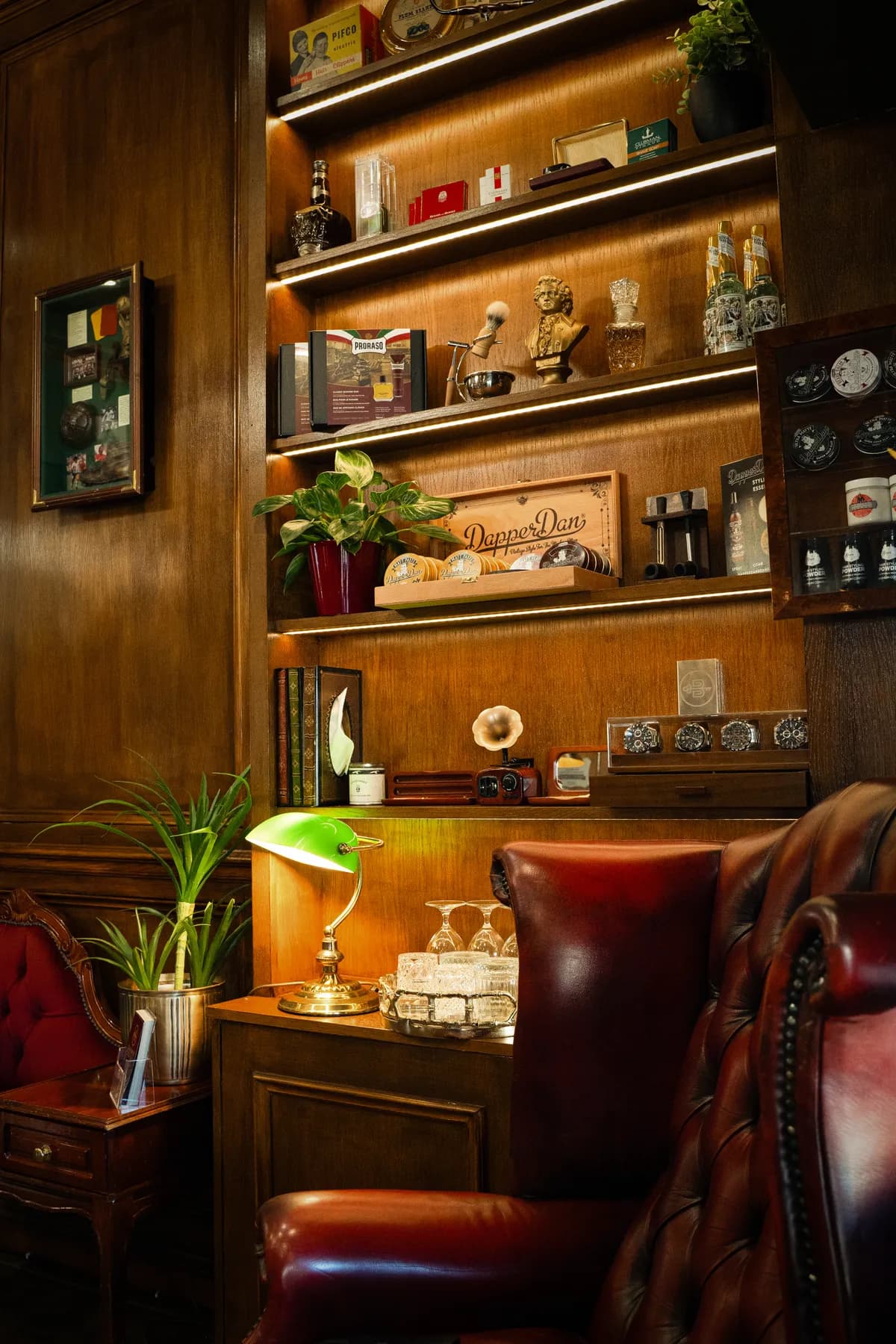 A lit shelf of grooming products, tonics and curios